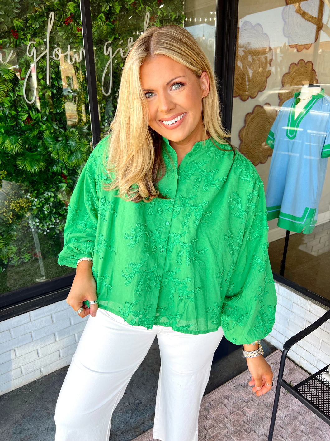 Remy Textured Floral Button Up- Green