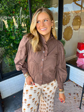 Load image into Gallery viewer, Isabel Embroidered Textured Button Up Top- Brown
