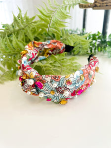 Floral Printed Jewel Studded Headband- Pink Multi