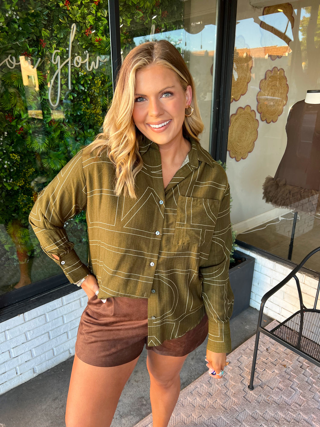 Aria Abstract Button Up Top - Olive Green