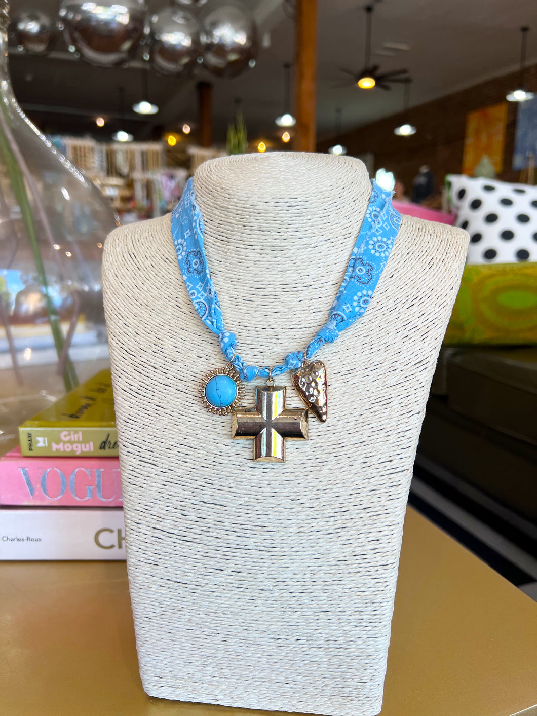 Gold Cross Charm Scarf Necklace -Blue
