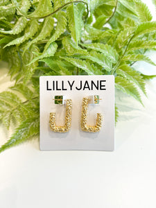 Gold Textured Rectangle Hoops