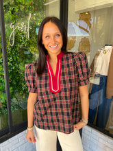 Load image into Gallery viewer, Hannah Plaid V-Neck Banded Top - Navy
