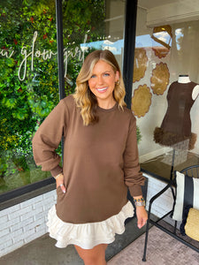 Kyler Ruffle Hem Sweatshirt Mini Dress- Brown