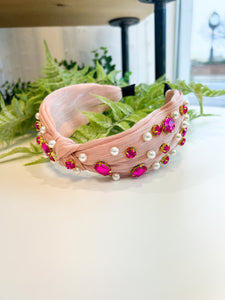 Pearl & Crystal Studded Headband- Light Pink