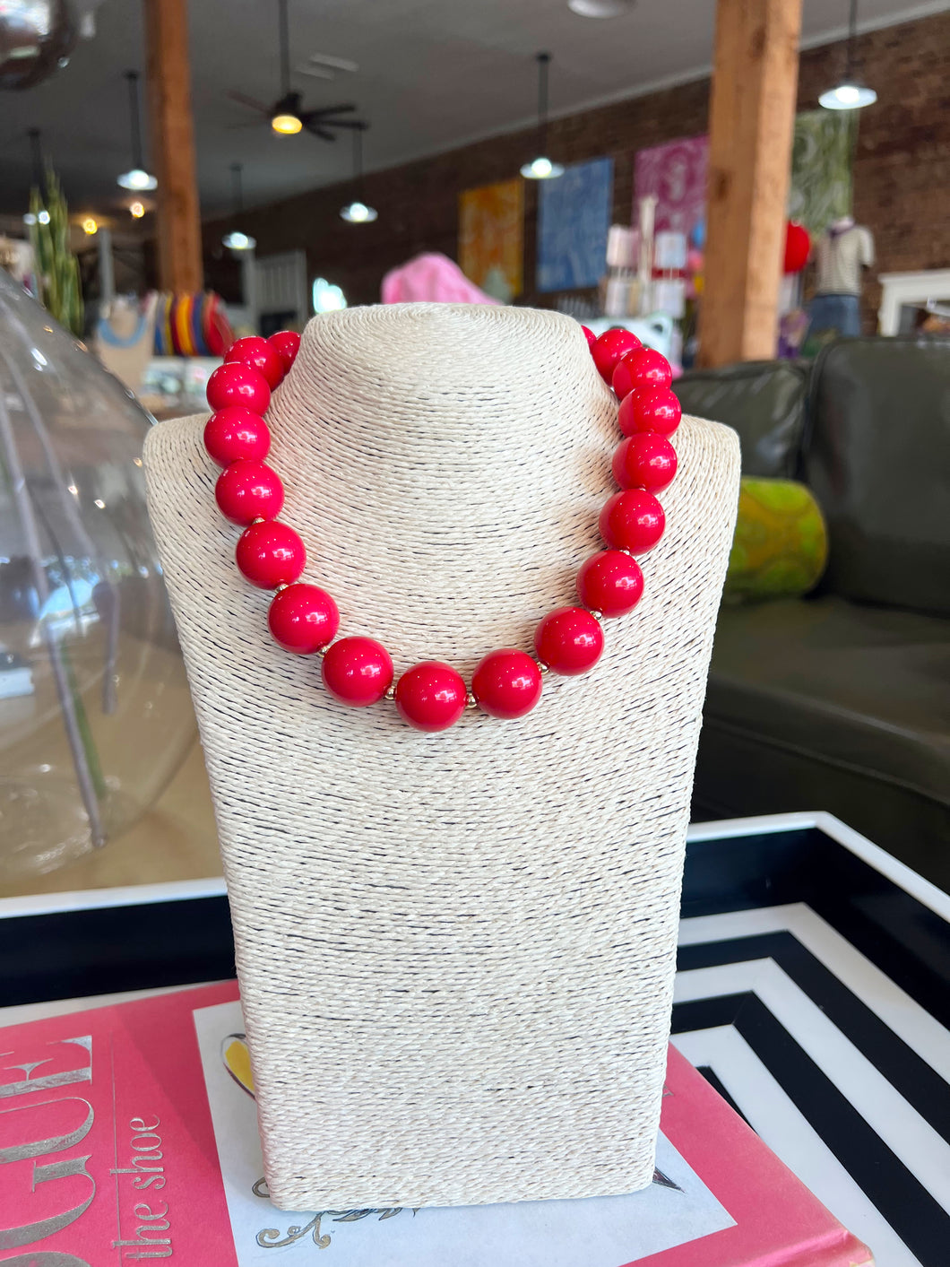 Chunky Beaded Ball Necklace - Red