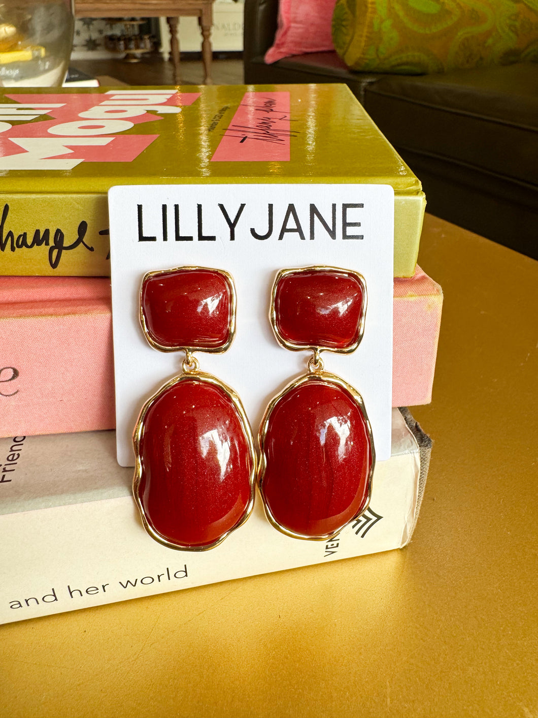 Gold Geometric Dangle Earrings - Burgundy