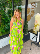 Load image into Gallery viewer, Marlie Floral Eyelet Tiered Floral Midi Dress- Chartreuse

