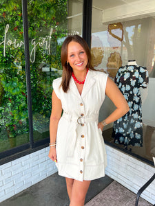 Kilby Denim Button Up Belted Mini Dress- Cream