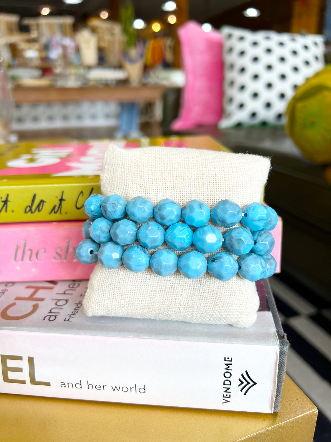 Textured Beaded Ball Bracelet Set- Light Blue