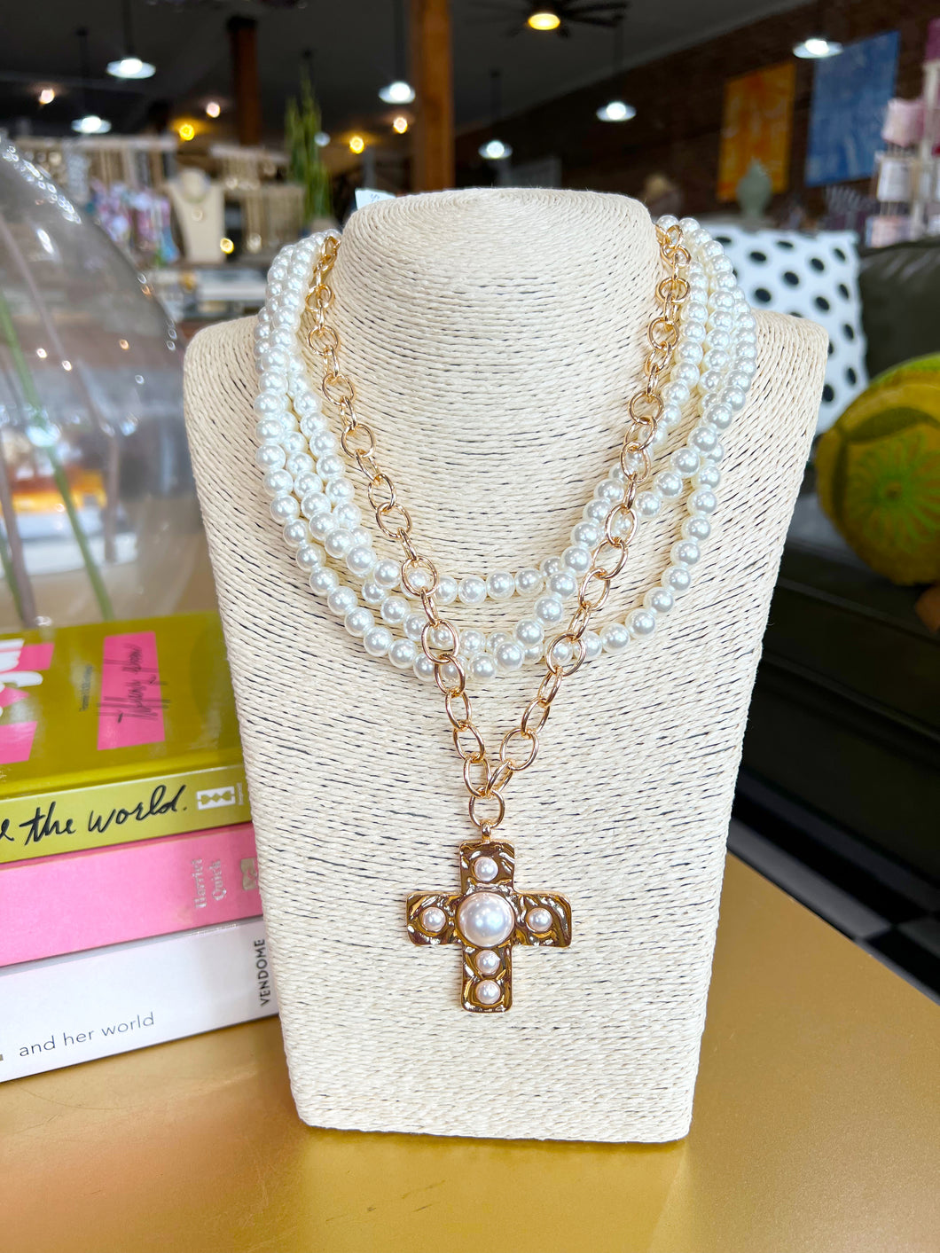 Chunky Gold Pearl Cross Layered Necklace