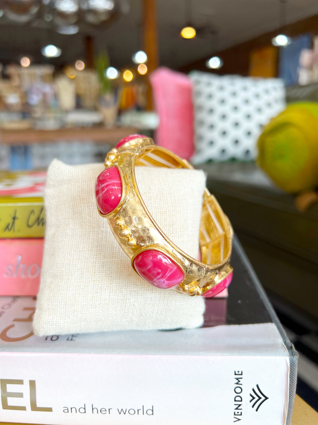 Gold Chunky Stone Studded Bracelet - Fuchsia