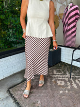 Load image into Gallery viewer, Charlee Stripe Satin Midi Skirt- Brown/Cream
