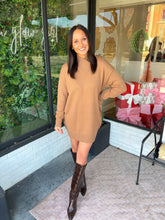 Load image into Gallery viewer, Harriett High Neck Knit Sweater Mini Dress- Camel
