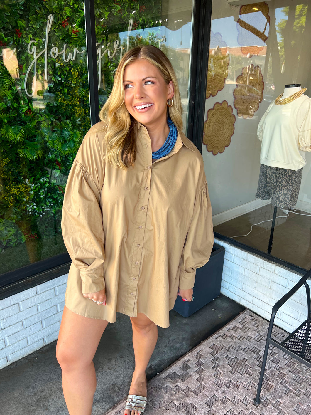 Camryn Button Up Poplin Shirt Dress- Mocha
