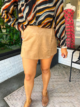 Load image into Gallery viewer, Elina High Waisted Suede Mini Wrap Skort- Camel
