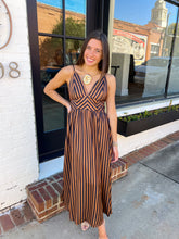 Load image into Gallery viewer, Rachelle Striped Satin Midi Dress- Brown/Black

