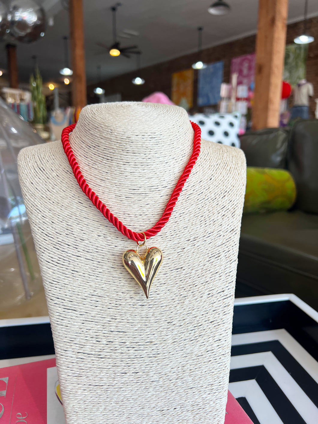 Gold Heart Pendant Necklace - Red