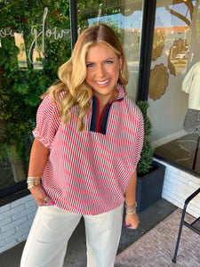 Jenna Striped Banded V-Neck Top- Red