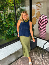 Load image into Gallery viewer, Charlee Polka Satin Midi Skirt- Green/Navy

