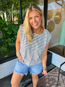 Cullen Striped Padded Button Up Top -Navy