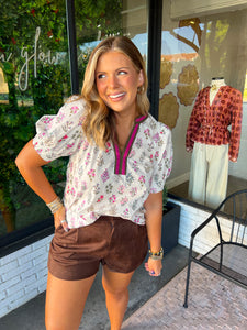 Alden Floral V-Neck Banded Top- Pink/Green