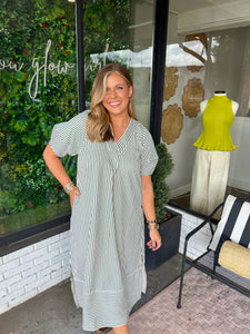 Harrison Striped V-Neck Midi Dress - Hunter Green