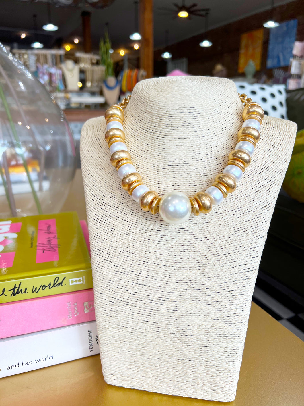 Gold & Pearl Chunky Ball Pendant Necklace