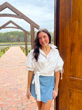 Load image into Gallery viewer, Karson Wrap Button Up Collared Top- White
