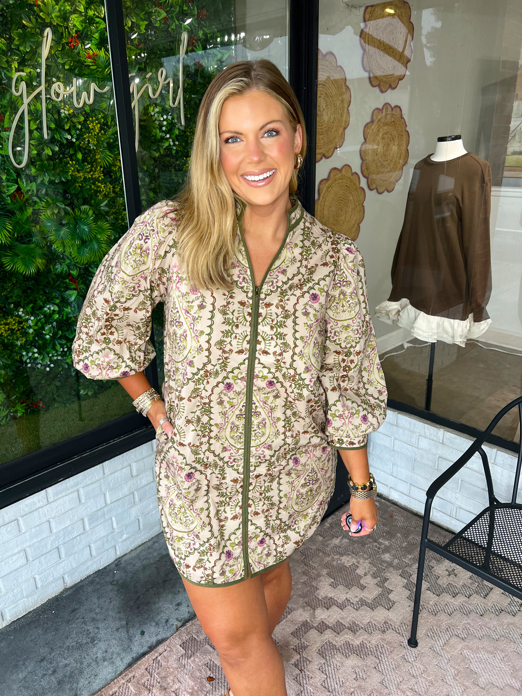 Murray Floral Zip Up Mini Dress- Taupe
