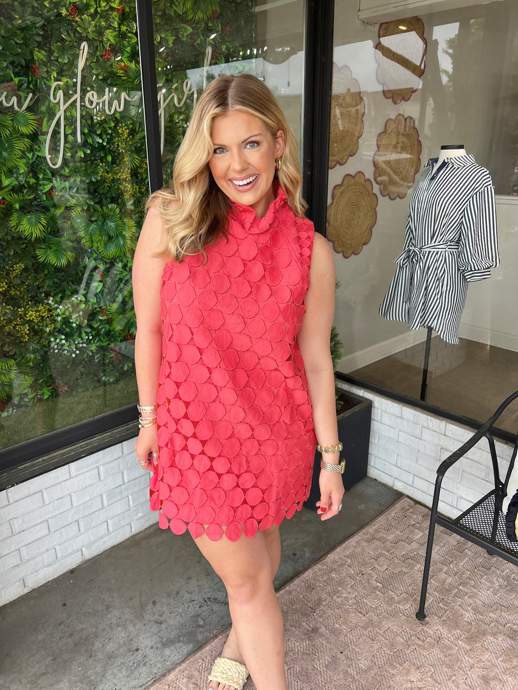 Aubrie Polka Dot Ruffle Neck Mini Dress- Coral