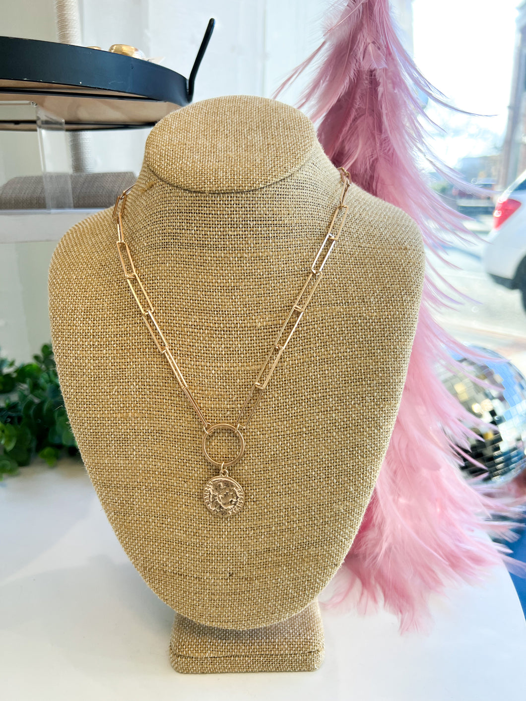 Gold Paperclip Coin Necklace