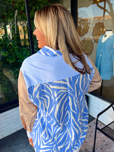 Wells Multi-Pattern Zebra Button Up- Light Blue/Tan