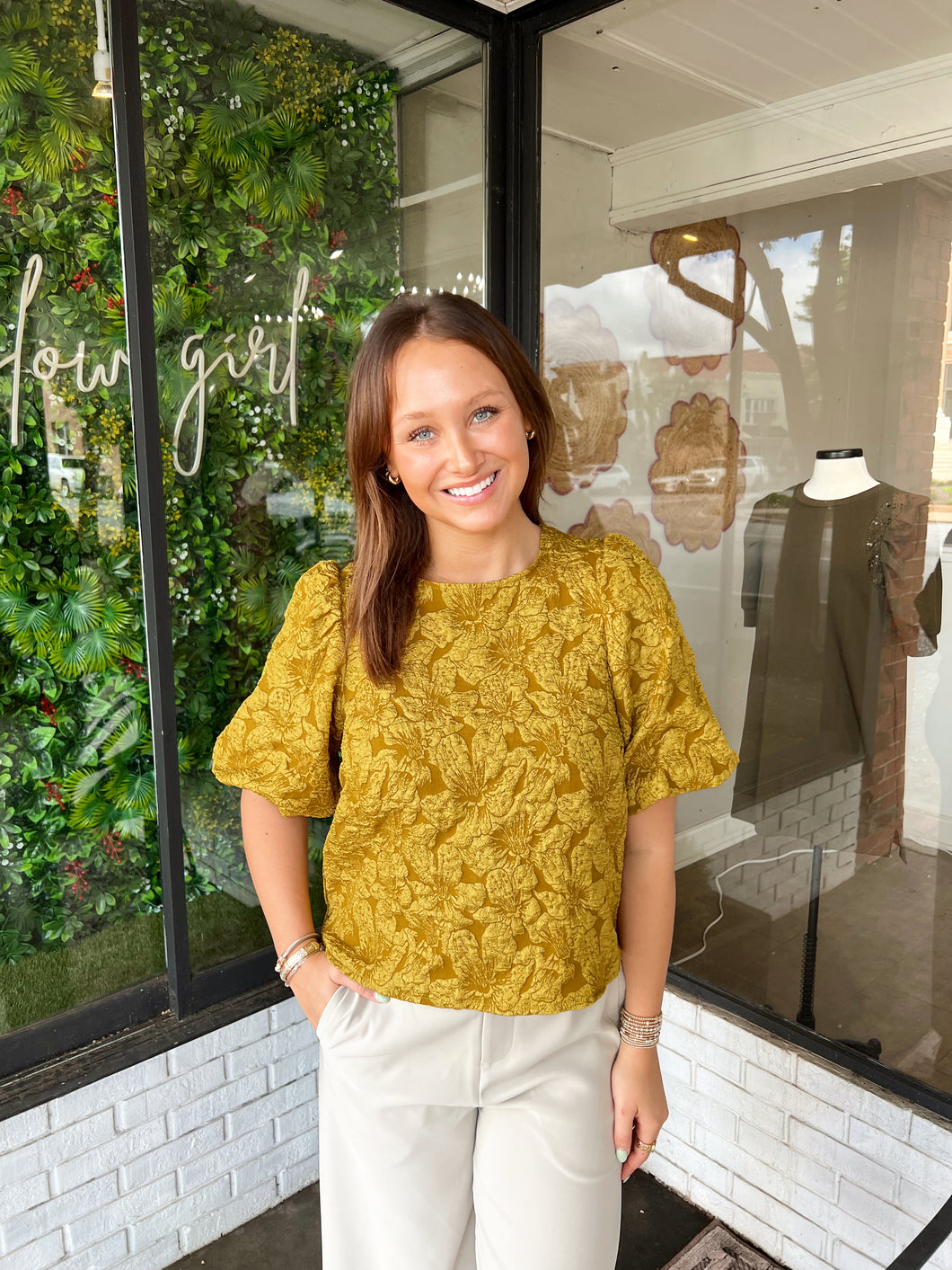Presley Jacquard Puff Sleeve Top- Mustard