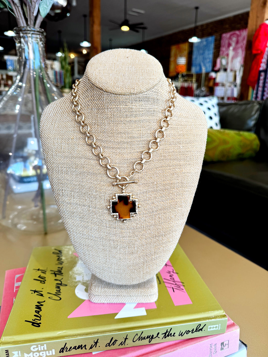 Gold Cross Toggle Necklace - Tortoise