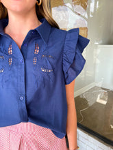 Load image into Gallery viewer, Bethany Embroidered Cut Out Flutter Top - Navy
