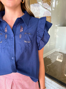 Bethany Embroidered Cut Out Flutter Top - Navy
