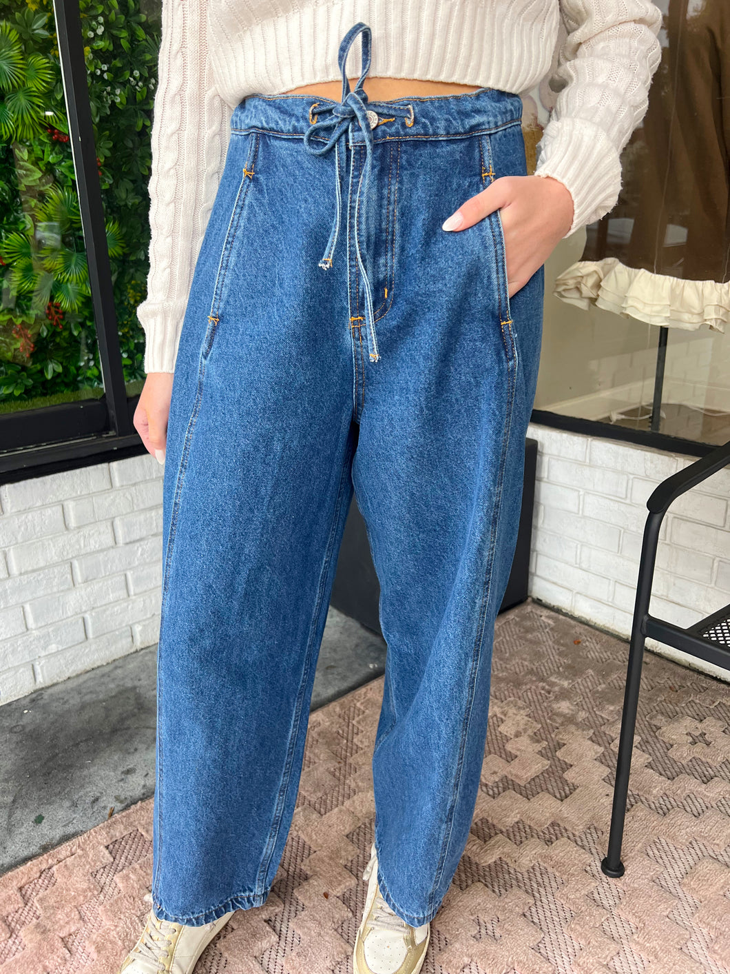 Brighton Barrel Self Tie Denim Pants - Dark Denim