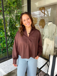 Klein V-Neck Banded Top- Brown