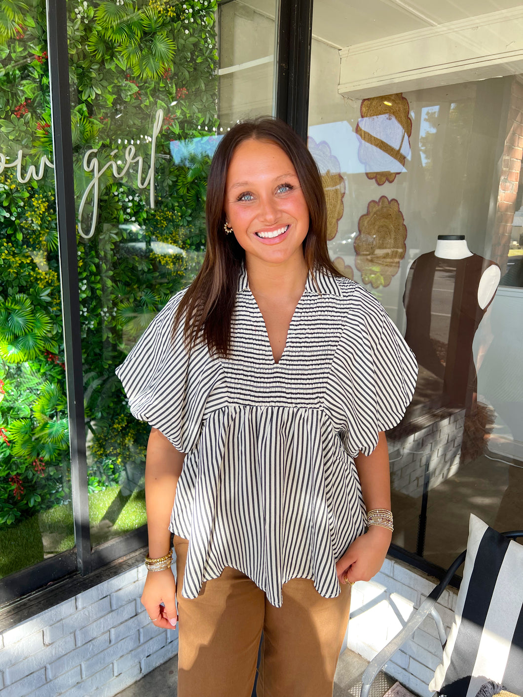 Laurie Striped Smock Babydoll Top -Black