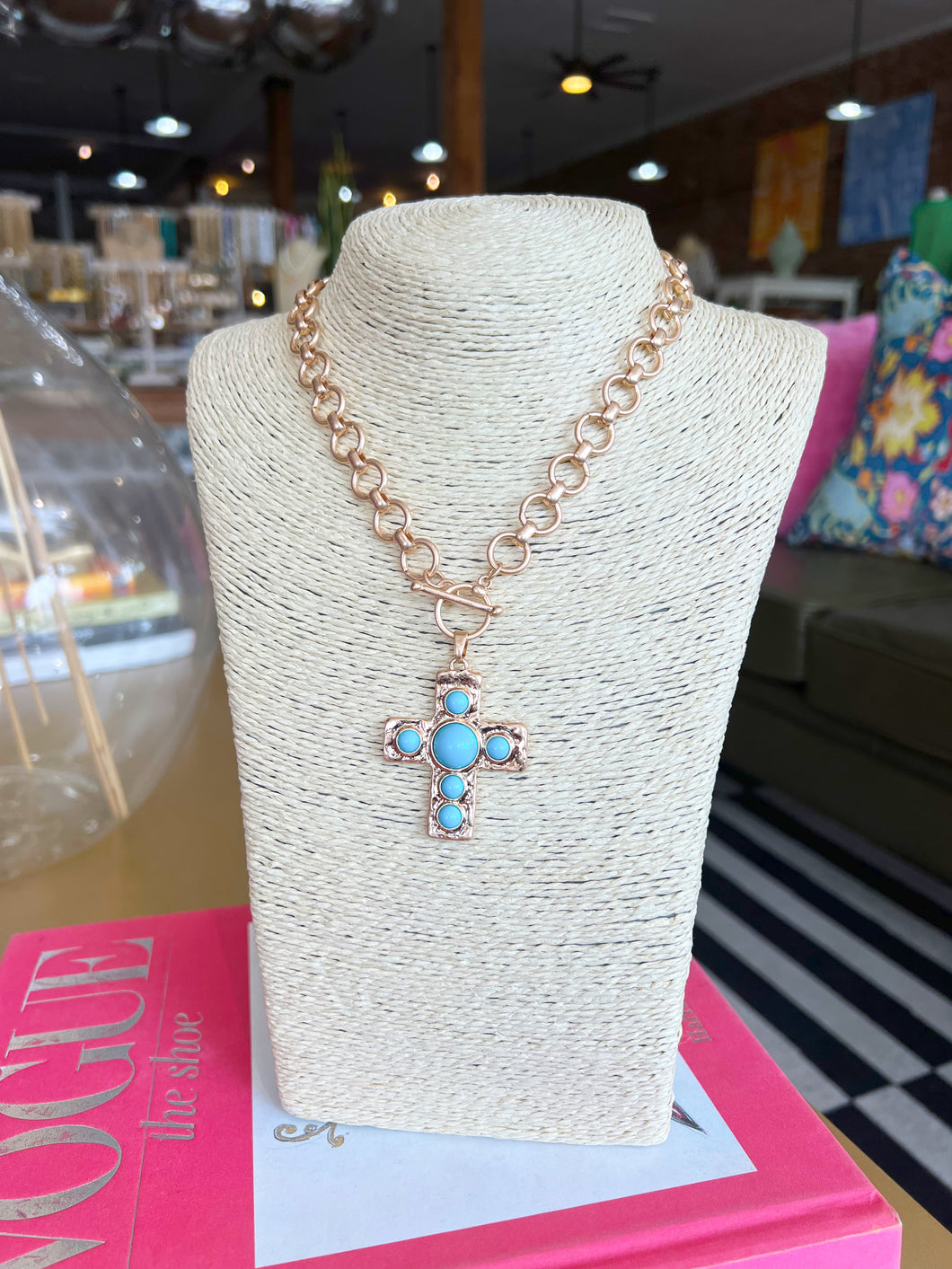 Gold Chunky Turquoise Cross Toggle Necklace