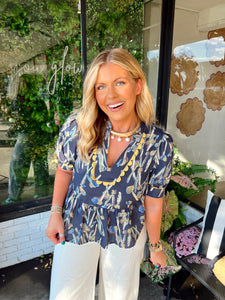 Annie Floral Scalloped Peplum Top- Navy