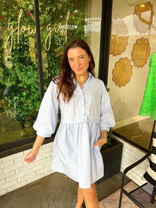 Olivia Button Up Babydoll Shirt Dress- Light Blue