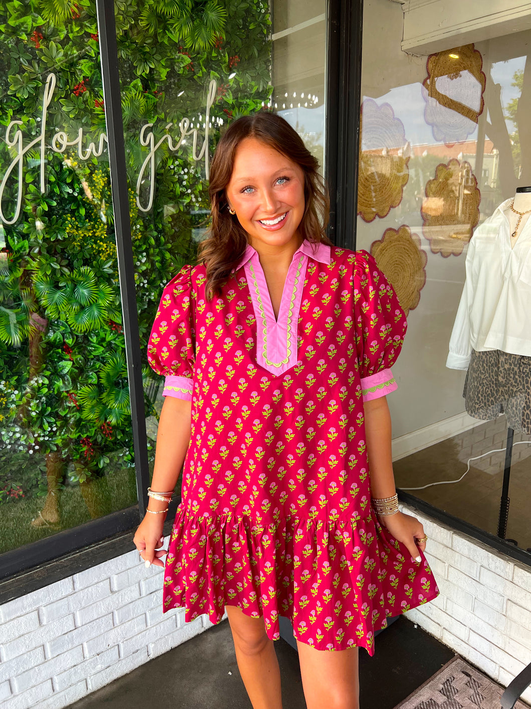 Jasper Floral Printed Scallop Trim Mini Dress- Burgundy