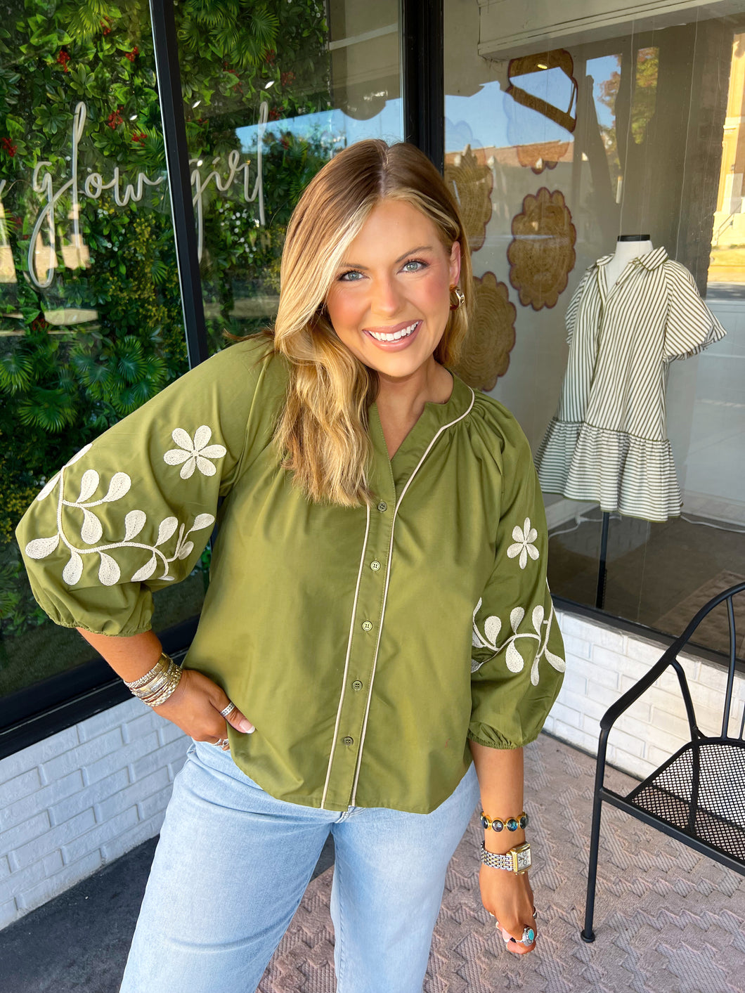 Parker Floral Embroidered Button Up Top- Olive