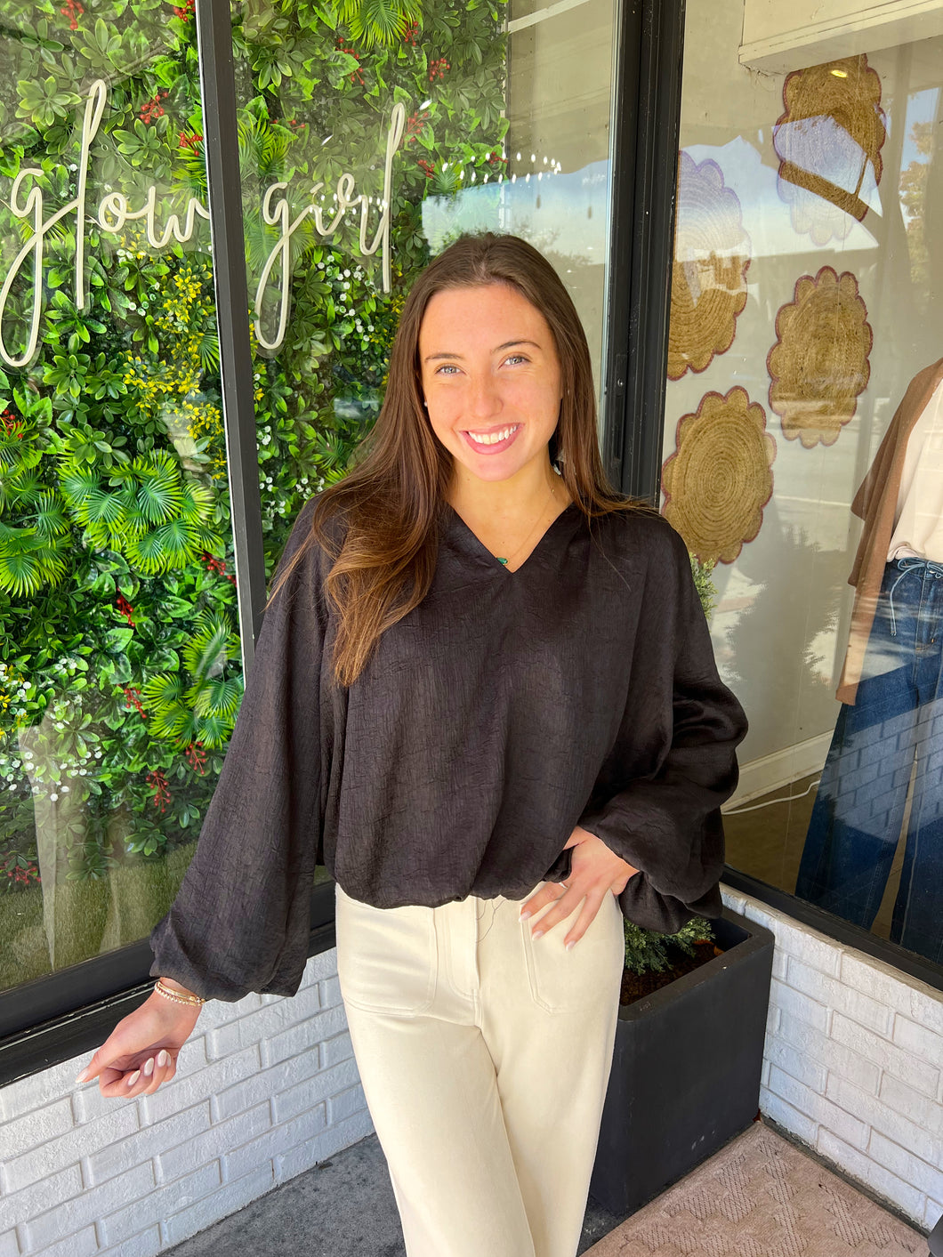 Ashby Balloon Sleeve Sheen Top - Black