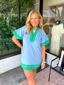 Chandler Color Block High Neck Mini Dress- Blue/Green