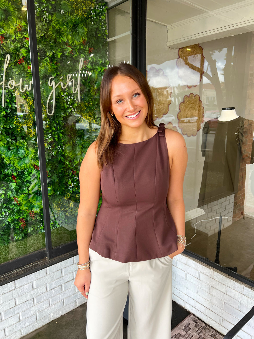 Hayes Peplum Bow Strap Tank Top -Brown
