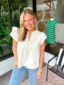 Janie Embroidered V-Neck Babydoll Top- Cream