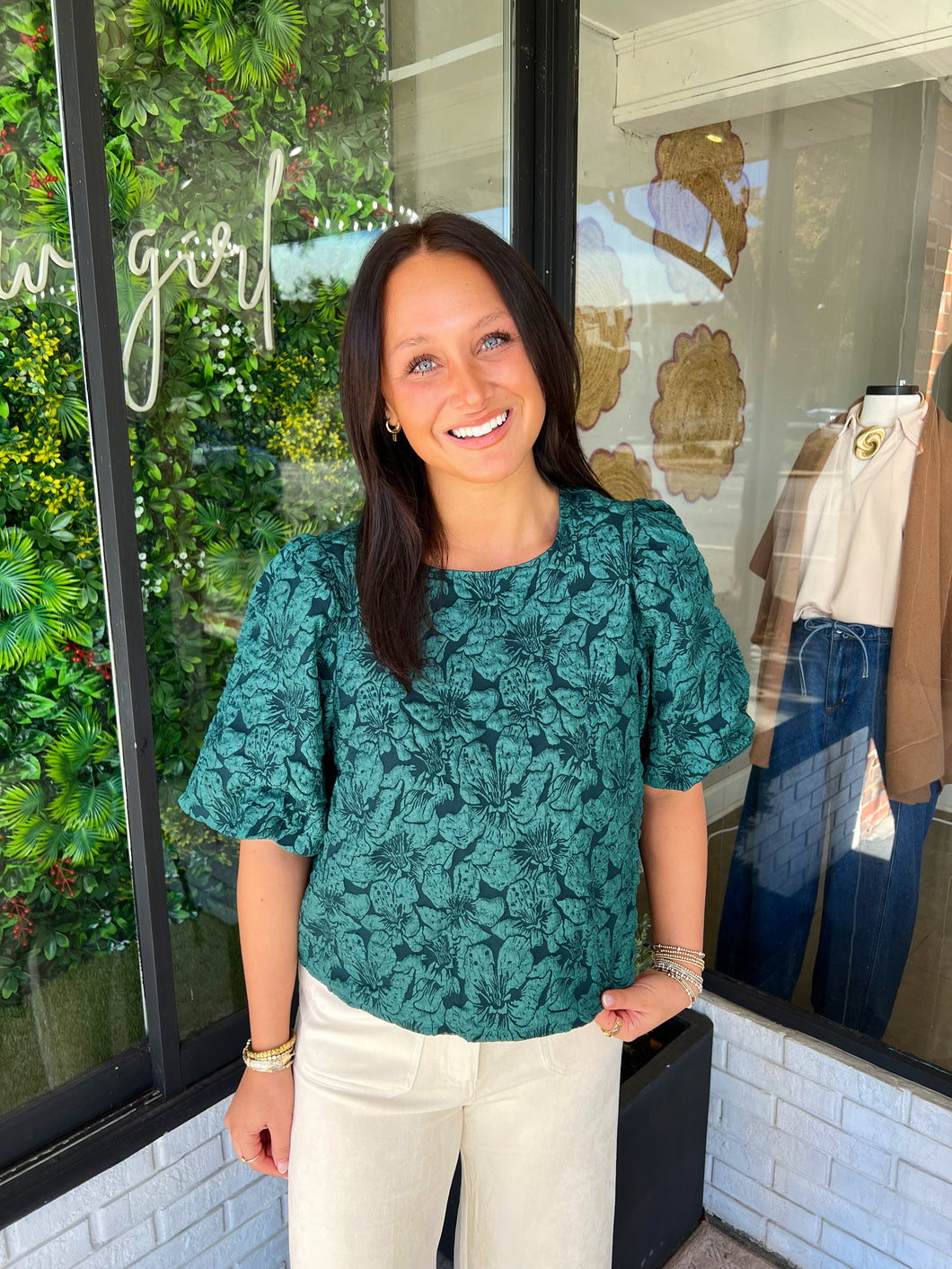 Presley Jacquard Puff Sleeve Top- Hunter Green